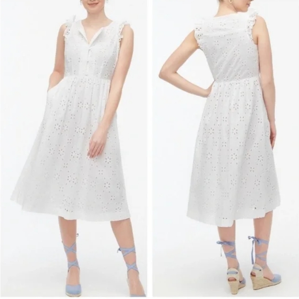 J. Crew -White Floral Eyelet Ruffle Midi Dress Size 12 NWT